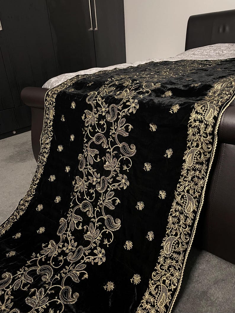 Heavy Embroidered Navy Blue Bridal Velvet Shawl (DZ16792)