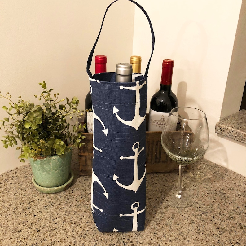 Nautical Wine Bag Navy Blue White Anchors Wine Bag Wine Etsy