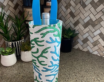 Nautical Wine Bag Aqua Blue Green White Coral Wine Bag Wine Carrier Holiday Wine Tote Hostess Gift Wine Accessory Gift Idea Pool Beach Party