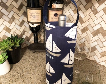 Nautical Wine Bag Navy Blue White Sail Boats Wine Bag Wine Carrier Holiday Wine Tote Hostess Gift Wine Accessory Gift Idea Beach Pool Party