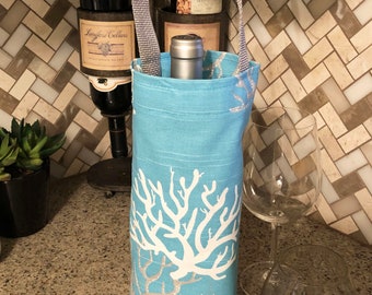 Nautical Wine Bag Aqua White Gray Coral Wine Bag Wine Carrier Holiday Wine Tote Hostess Gift Wine Accessory Gift Idea Beach Pool Party