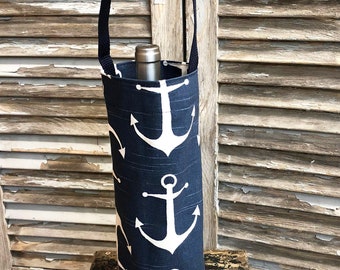 Nautical Wine Bag Navy Blue White Anchors Wine Bag Wine Carrier Holiday Wine Tote Hostess Gift Wine Accessory Gift Idea Beach Pool Party