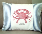 Red Crab Pillow Cover, Beach Decor Lumbar Pillow, Nautical Cushion Crab Print on Natural Cream Blue Ticking Stripe One 12 x 16 or 12 x 18