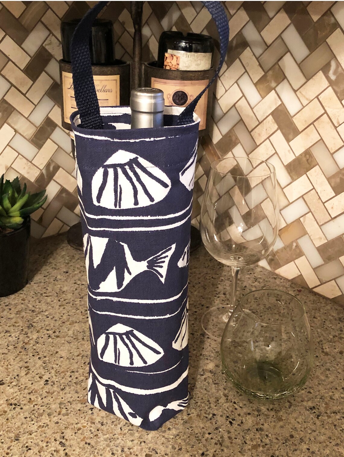 Nautical Wine Bag Navy Blue White Shells Fish Wine Bag Wine Etsy UK