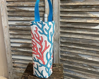 Nautical Wine Bag Coral Aqua Blue White Coral Wine Bag Wine Carrier Holiday Wine Tote Hostess Gift Wine Accessory Gift Idea Pool Beach Party