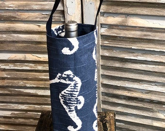 Beach Party Nautical Wine Bag Navy Blue White Seahorse Wine Carrier Holiday Wine Tote Hostess Gift Wine Accessory Gift Idea Beach Pool Party