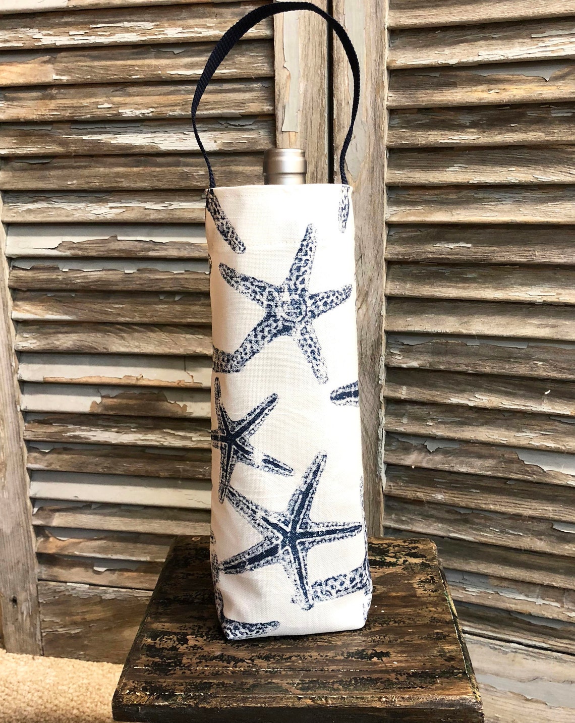 Nautical Wine Bag Navy Blue White Starfish Wine Bag Wine Etsy