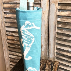 Nautical Wine Bag Aqua White Seahorse Wine Bag Wine Carrier Holiday Wine Tote Hostess Gift Wine Accessory Gift Idea Beach Pool Party