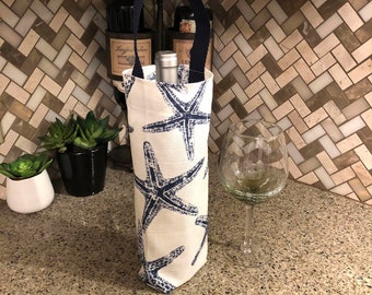 Nautical Wine Bag Navy Blue White Starfish Wine Bag Wine Carrier Holiday Wine Tote Hostess Gift Wine Accessory Gift Idea Pool Beach Party