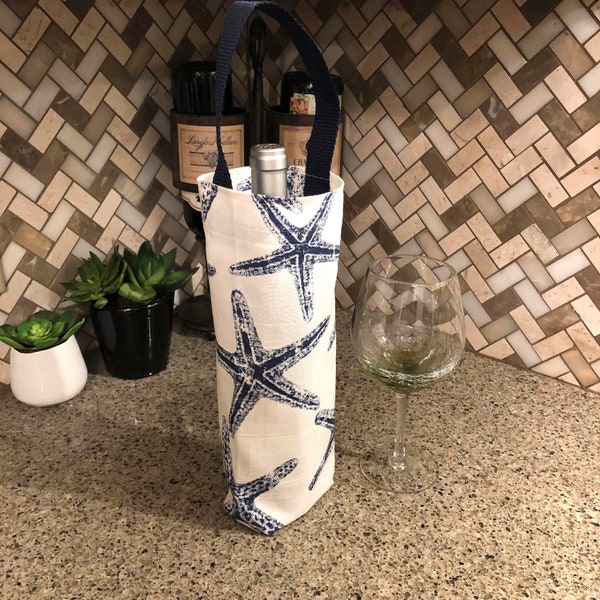 Nautical Wine Bag Navy Blue White Starfish Wine Bag Wine Carrier Holiday Wine Tote Hostess Gift Wine Accessory Gift Idea Pool Beach Party