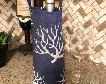 Beach Party Nautical Wine Bag Blue Gray White Coral Wine Carrier Holiday Wine Tote Hostess Gift Wine Accessory Gift Idea Beach Pool Party