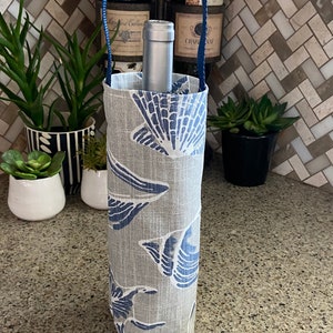 Nautical Wine Bag Blue Gray White Sea Shells Wine Bag Bottle Carrier Summer Wine Tote Hostess Gift Wine Accessory Gift Idea Pool Beach Party