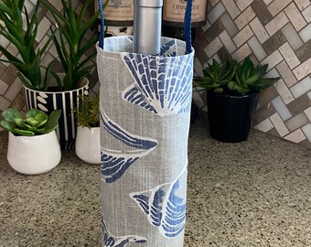 Nautical Wine Bag Blue Gray White Sea Shells Wine Bag Bottle Carrier Summer Wine Tote Hostess Gift Wine Accessory Gift Idea Pool Beach Party