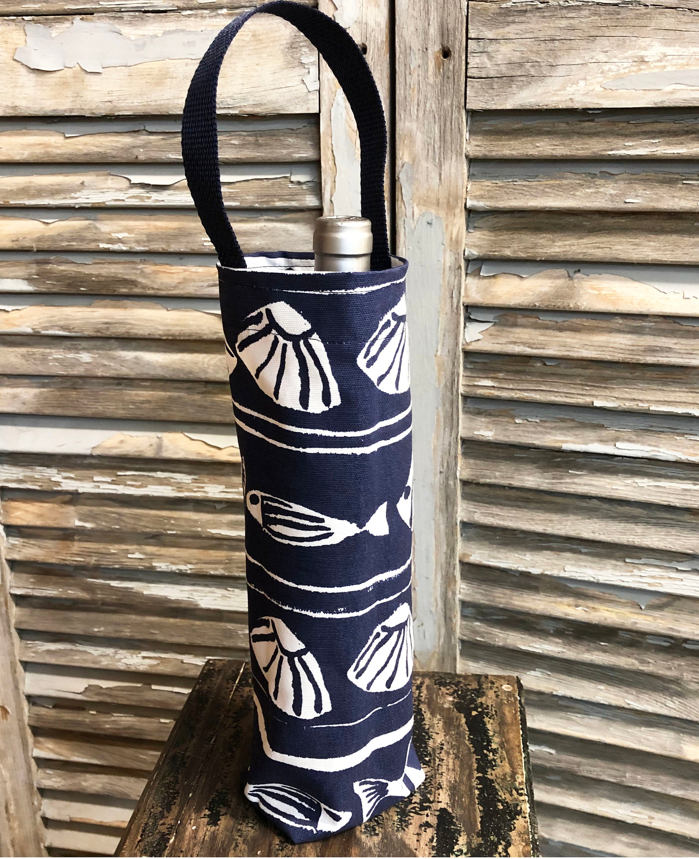 Nautical Wine Bag Navy Blue White Shells Fish Wine Bag Wine Etsy UK