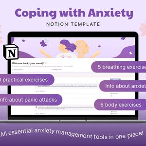 Puede incluir: Una pantalla de computadora portátil que muestra una plantilla de Notion para afrontar la ansiedad. La plantilla incluye secciones para ejercicios de respiración, ejercicios prácticos, información sobre la ansiedad y los ataques de pánico, y ejercicios corporales. El texto "Coping with Anxiety" se muestra en la parte superior de la pantalla.
