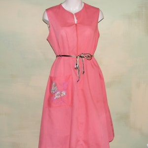 L Zip Front Casual Day Dress Coral Pink Sleeveless Applique Butterfly Pocket No belt VFG