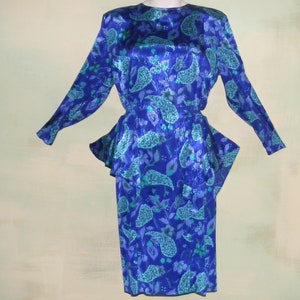 M L Vivid Paisley Print Peplum Dress Cami Le Boff Vintage 1980s Green and Purple VFG