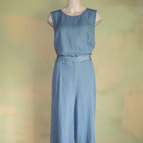 M 90s Jumpsuit Ticking Stripe Chambray Blouson Wide Leg Soft Drape Fabric Summer weight Vince Camuto VFG