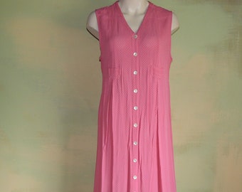 M Vintage 80s 90s April Cornell Coral Rose Pink Rayon Crepe Sundress Dotted Button Front Sleeveless Dress Baby Doll Feminine Modest VFG