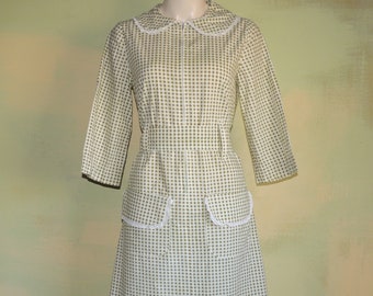 1940s / 50s Amazing Home Fashioned House Dress Zip Front One of a Kind Waitress Frock Father Knows Best Green & Rust Birdseye Check VFG