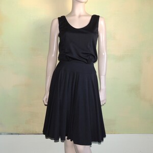 S Les Wilk Dress Black Knit Blouson Bodice and Flared Skirt Button Back 1970s 23 Inch Waist VFG