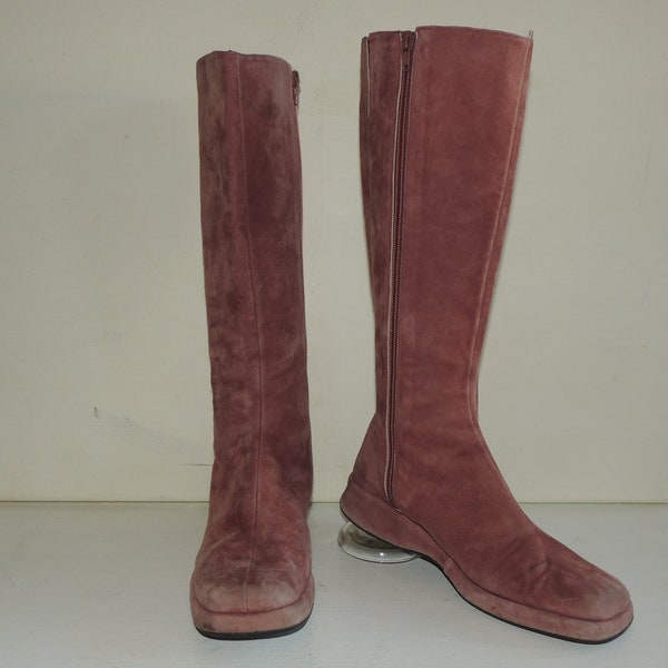 38  Mauve Suede Boots Knee High Wedge Sole Jigsaw Pink Tall Square Toe VFG