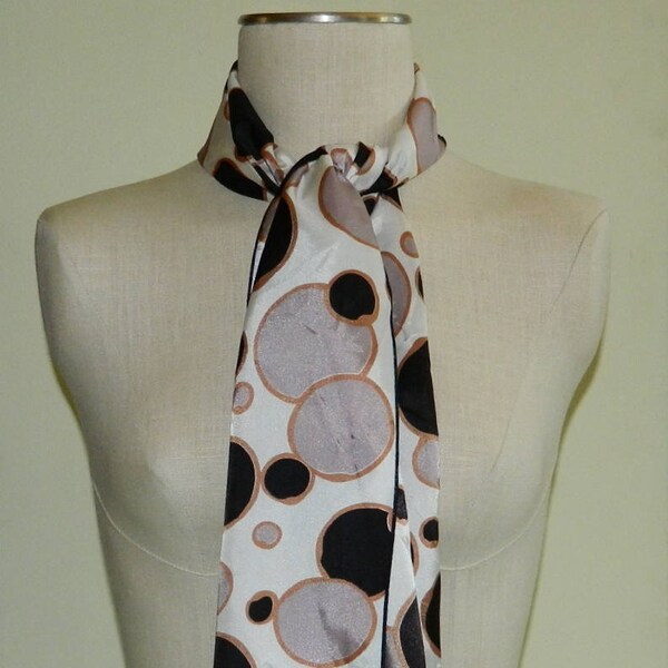 70s 80s Mod Geometric Abstract Circles Spheres Eclipse Scarf Taupe Black Brown Print Long and Wide Shawl Style Self Fringed 58" by 13.5" VFG