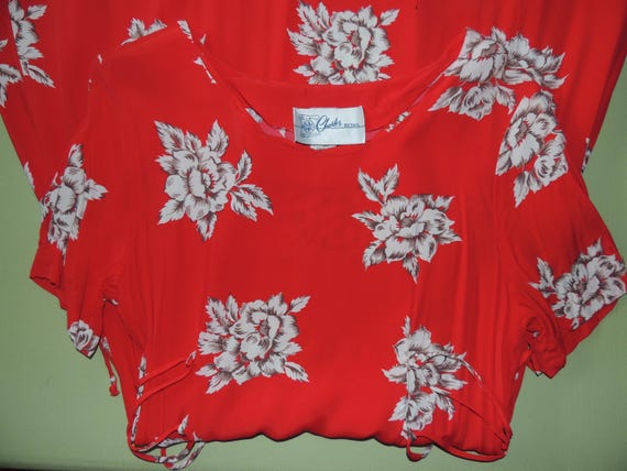 10 M  80s Cruise Red Rayon Dress Tropical Floral … - image 11