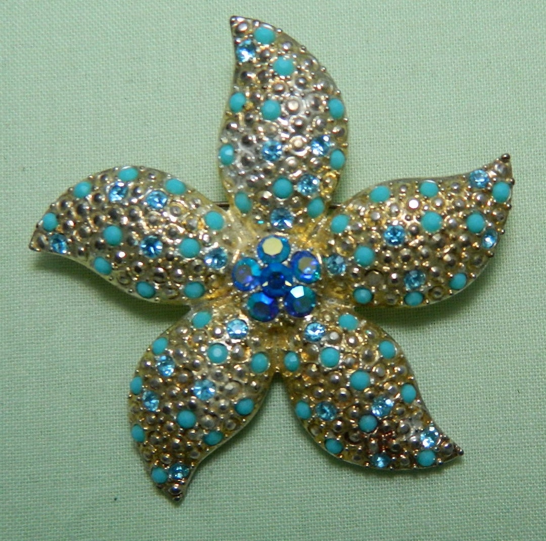 Turquoise Green Rhinestone Starfish Brooch Pin – Crystal Animal Jewelry 06412C2