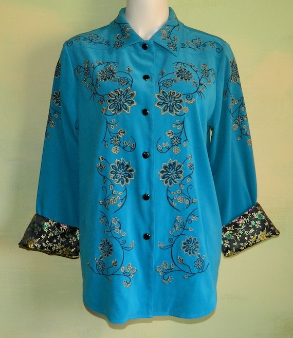 M Victor Costa Occasion Blouse Teal Blue Embroider