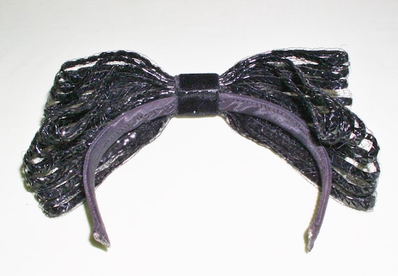 Cello Straw Black Bow Headband Vintage 1960s Mod … - image 5