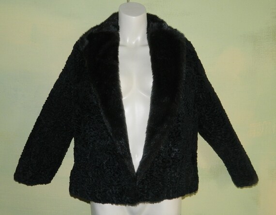 M Vintage 70s Black Faux Fur Coat Faux Persian La… - image 10