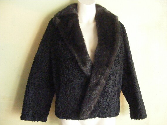 M Vintage 70s Black Faux Fur Coat Faux Persian La… - image 4