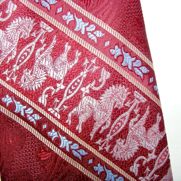 56" by 4" Vintage 60s 70s Wemlon Wembley Tie Figurative Chinese Horses Tapestry Burgundy Paisley Wide Tie Mad Men VFG