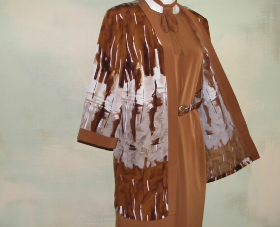 Vintage 70s 80s Dress Suit Set Soft Drape Brown Sh
