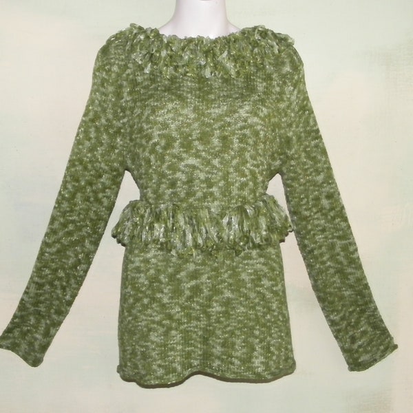 L 80s Green Sweater Space Dyed Chenille Metallic Holiday Party Oversized Super Soft and Snuggly Altered VFG