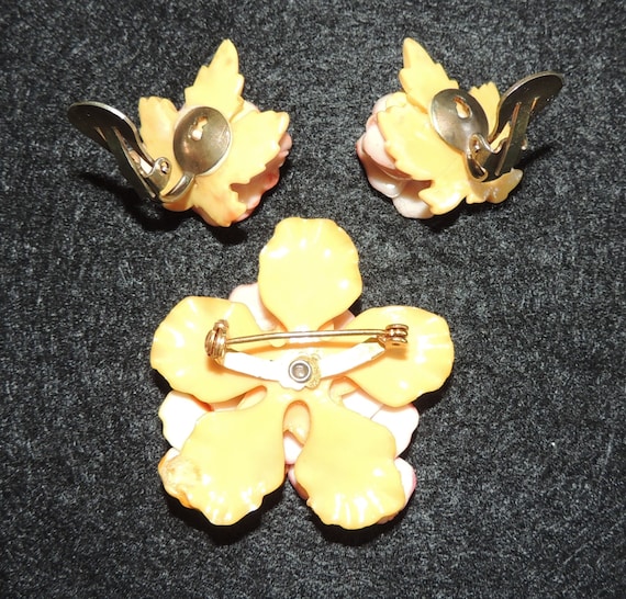 Vintage Celluloid Flower Brooch and Clip on Earri… - image 2