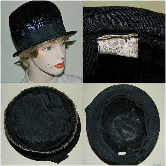 Vintage 50s 60s Mod Mushroom Bubble Hat Black Cel… - image 2