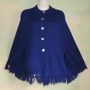 Navy Blue Knit Sweater Cape Fringed Lucite Buttons 70s Hippie Poncho VFG