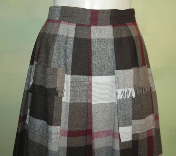 S M 27 Waist 1970s Vintage Plaid Skirt Brown Burg… - image 2