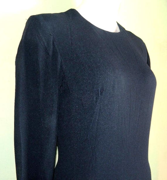 50s/60s Black Crepe Wiggle Dress - Marion McCoy, Chiffon Ruffle Hem Size M