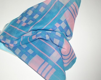 Novelty 70s Geometric Abstract Scarf Sheer Pink and Blue 30"  Square Scarf Headscarf VFG