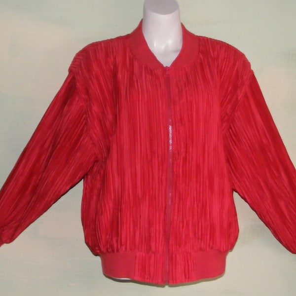 Vintage 80s Bright Red Crinkle Pleated Satin Jacket Disco Oversized One Size G. Oberti VFG