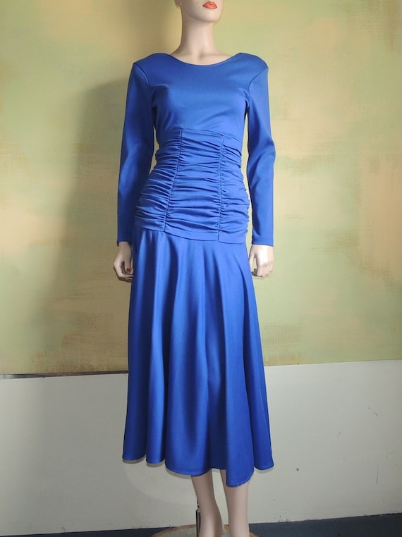 S Vintage 80s Ruched Waist Dress Blue Knit Drop Wa