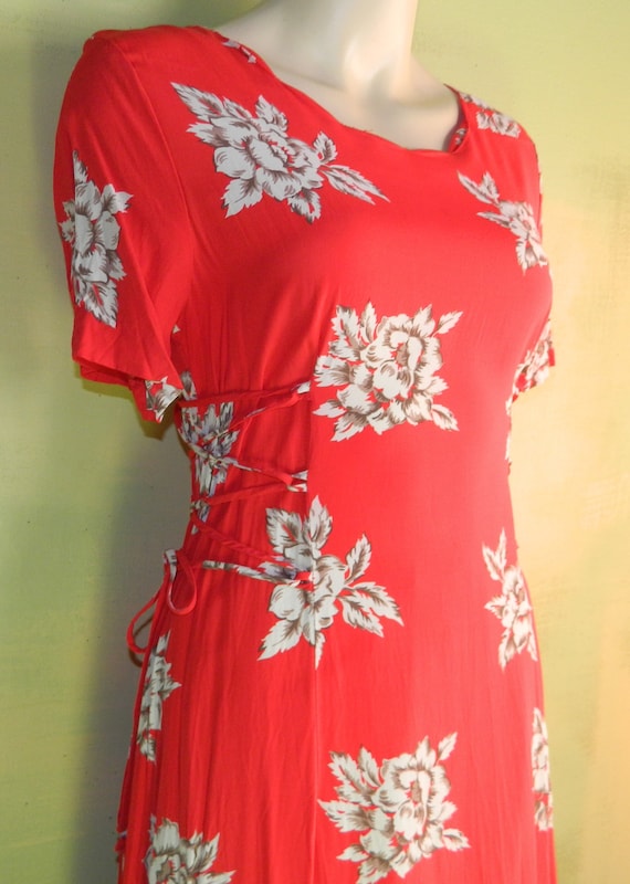 10 M  80s Cruise Red Rayon Dress Tropical Floral … - image 3
