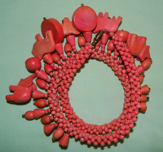 80s Pink Carved Wood African Animals Disks and Be… - image 5