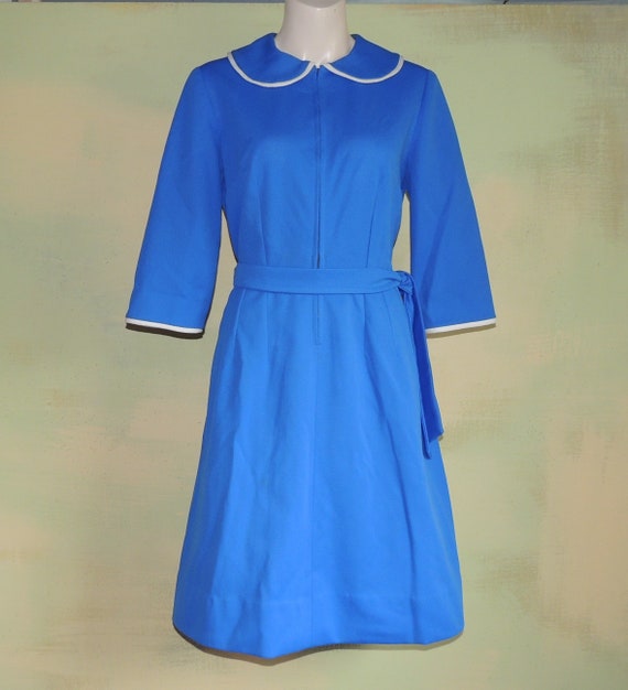 M 60s Royal Blue Zip Front Dress Peter Pan Collar… - image 2