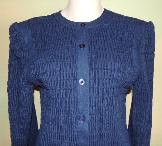 M Vintage 80s Made in the USA Navy Blue Smocked C… - image 2
