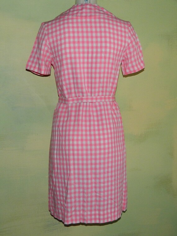 S 70s Zip Front Rayon Dress Pink and White Check … - image 4