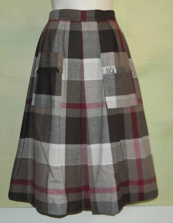 S M 27 Waist 1970s Vintage Plaid Skirt Brown Burg… - image 1